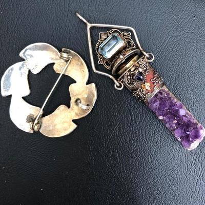 Vintage Sterling Silver Abalone Brooch and Amethyst Poison Brooch