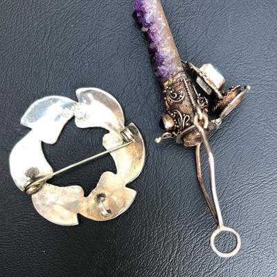 Vintage Sterling Silver Abalone Brooch and Amethyst Poison Brooch
