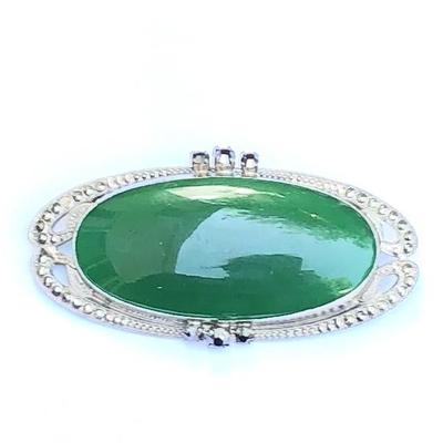 Sterling Silver Art Deco Green Onyx and Hematite Brooch Pin