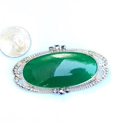 Sterling Silver Art Deco Green Onyx and Hematite Brooch Pin