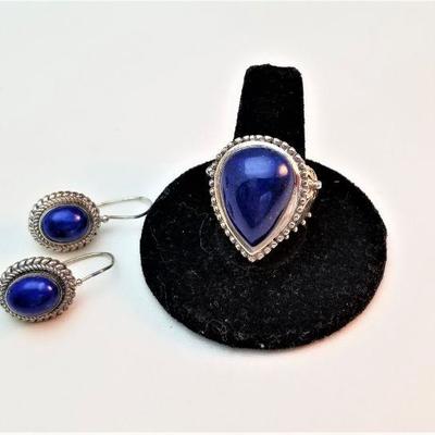 Lot #12  Sterling Silver Lapis Ring with Matching Pierced Earrings
