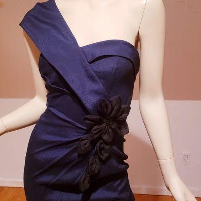 Mieka Couture one shoulder navy dress black flower 3D Applique'
