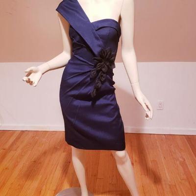 Mieka Couture one shoulder navy dress black flower 3D Applique'
