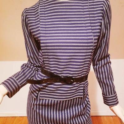 Galanos Couture navy/white striped english wool/silk stitched details