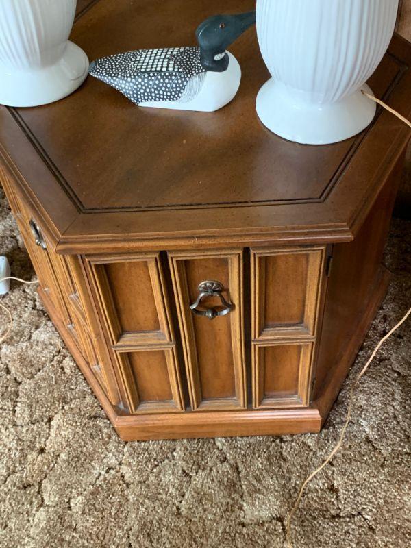 Octagon top end table with storage for games