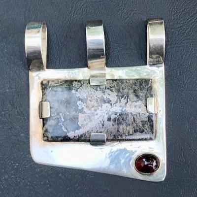 Large Sterling Silver Hematite Stone with Cabochon Garnet In Modernist Setting