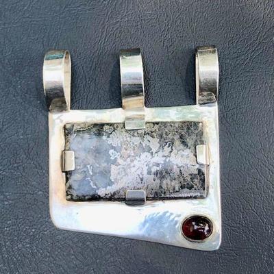 Large Sterling Silver Hematite Stone with Cabochon Garnet In Modernist Setting