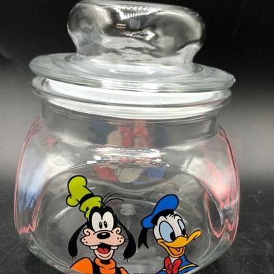 Disneyland Candy Jar Glass w/ Micky & Minnie Mouse, Goofy and Donald 