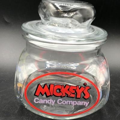 Disneyland Candy Jar Glass w/ Micky & Minnie Mouse, Goofy and Donald 