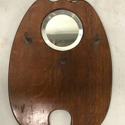 Oak Painters Palette Shaped Antique Hanging Hall Mirror w Key Hooks
