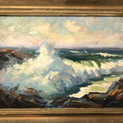 Antique Seascape Oil on Board Painting 