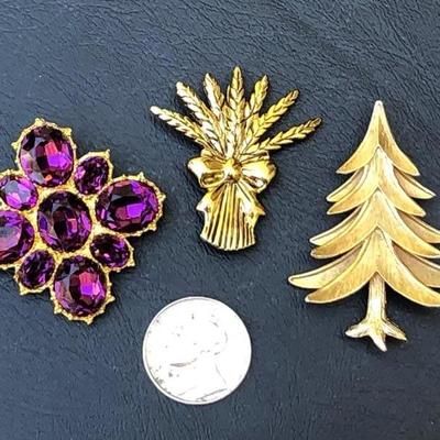 Lot of 3 Gold Tone Costume Jewelry Brooches Pins