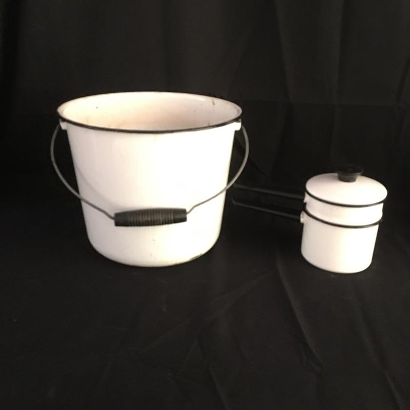 Lot 32 Enamel Pail, Double Boiler & Large Pot