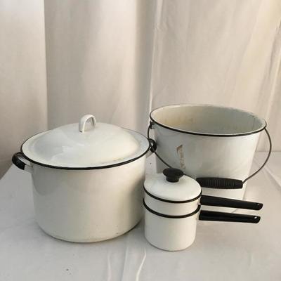 Lot 32 - Enamel Pail, Double Boiler & Large Pot