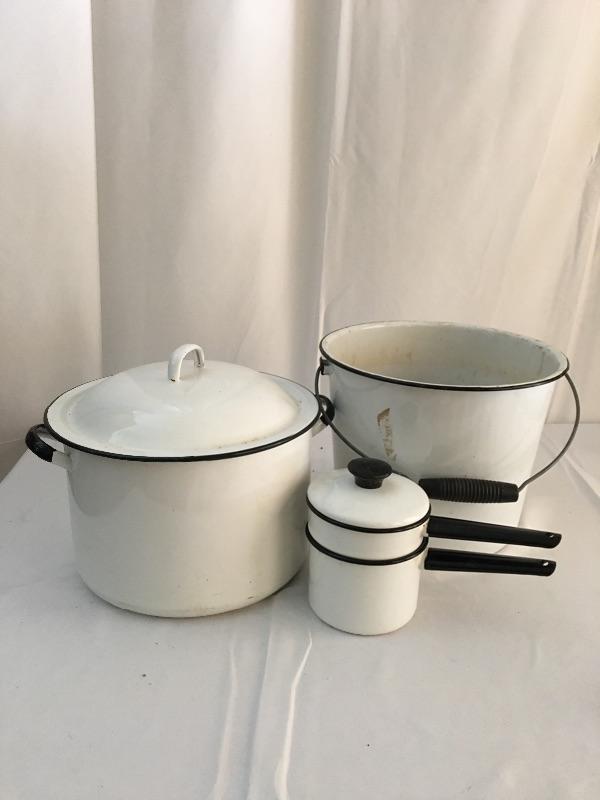 Lot 32 Enamel Pail, Double Boiler & Large Pot