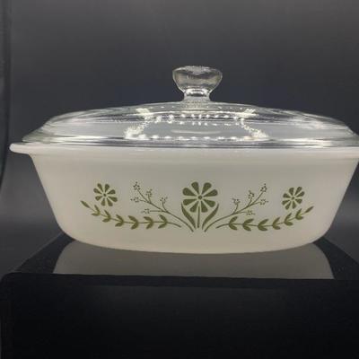 Green Daisy Flower Glasbake Oval Casserole Dish with Lid