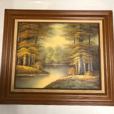 Framed Forest with Water Painting Signed