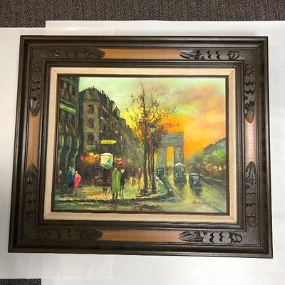 Framed Colorful French City Scape Painting Signed