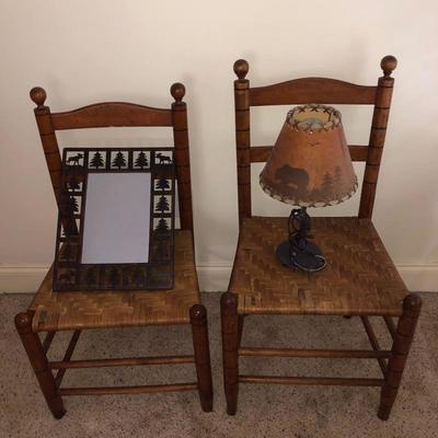 Lot 64 - Two Woven Chairs with Cabin Mirror and Lamp