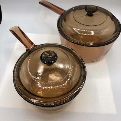 Matching Pair of Corning Ware Visions Amber Glass Sauce Pans with Lids