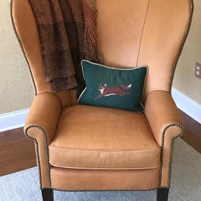 Lot #2 Ralph Lauren Home Leather Wingback Chair Throw Pillow and Blanket