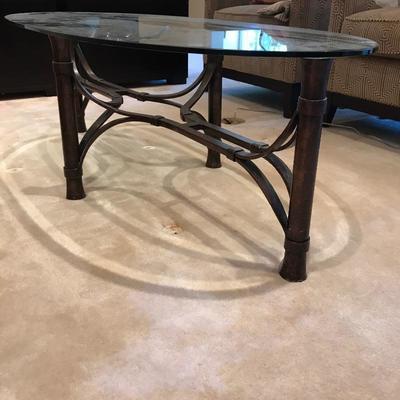 Lot #6 Oval Glass Top Coffee Table with Heavy Metal Base