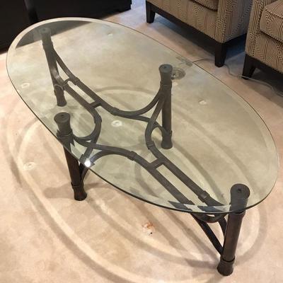 Lot #6 Oval Glass Top Coffee Table with Heavy Metal Base