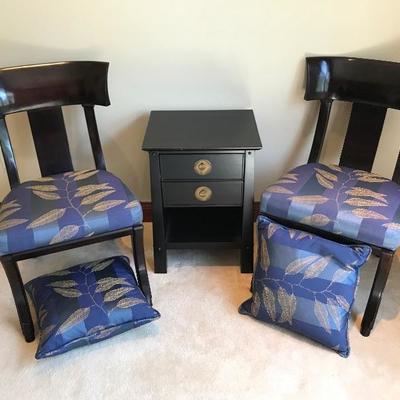 Lot #20 Pair of Wooden Chairs with Throw Pillows and Pier 1 Stand
