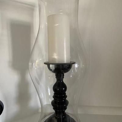 PAIR OF TALL GLASS HURRICANES (INCLUDES CANDLE HOLDER AND CANDLE)
