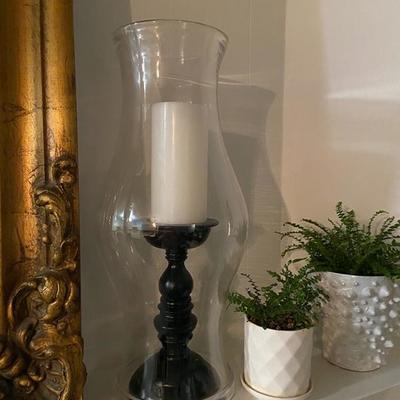 PAIR OF TALL GLASS HURRICANES (INCLUDES CANDLE HOLDER AND CANDLE)