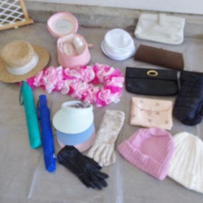 LOT 43  LADIES ACCESSORIES, CLUTCH PURSES (2 LEATHER) SUN HAT AND VISORS, SCARF AND MORE