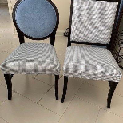 SET OF 4 DINING CHAIRS 2 SQUARE BACK AND 2 BALLOON BACK IN HOUNDS TOOTH FABRIC $550.00 SET OF 4