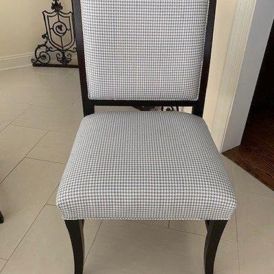 SET OF 4 DINING CHAIRS 2 SQUARE BACK AND 2 BALLOON BACK IN HOUNDS TOOTH FABRIC $550.00 SET OF 4