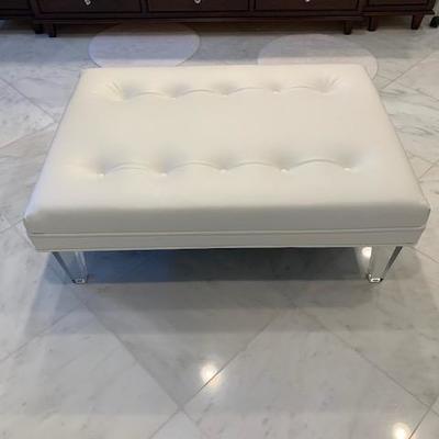 LUCITE AND VINYL TUFTED OTTOMAN $395