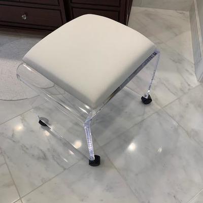 LUCITE AND VINYL ROLLING VANITY CHAIR $225