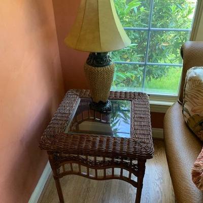 Rattan and Glass Top Side Table $90 and Lamp $50
