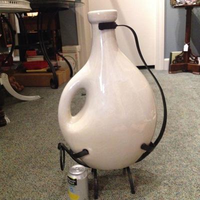 Large Ceramic Ewer in Iron Stand