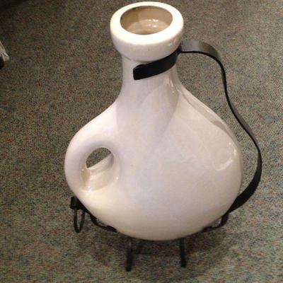 Large Ceramic Ewer in Iron Stand