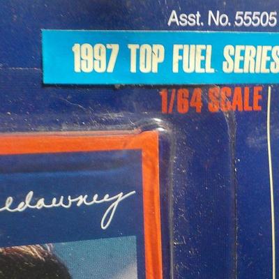 Top female fuel dragster and Bobby Labonte figure.