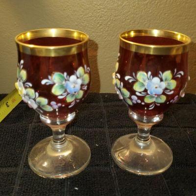 2 Red Floral Glasses 
