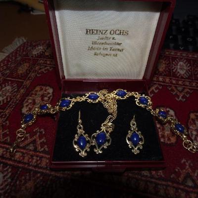 Gold Tone & Blue Necklace, Earrings & Bracelet Set, Maybe Lapis 