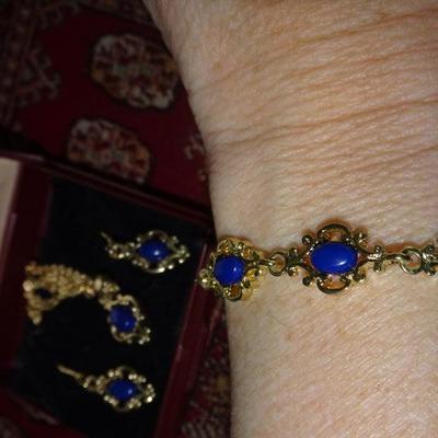 Gold Tone & Blue Necklace, Earrings & Bracelet Set, Maybe Lapis 