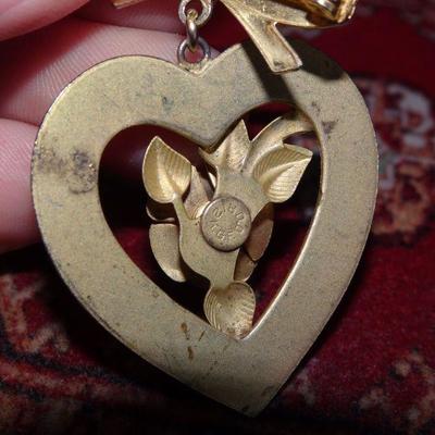 Gold Filled Dangle Heart Pin, Brooch, Center Rose, Hallmarked G.F