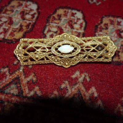 Opal Brooch - Vintage, 14K Gold Filled, Lacy Filigree, Victorian Style Bar Pin