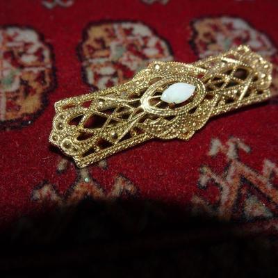 Opal Brooch - Vintage, 14K Gold Filled, Lacy Filigree, Victorian Style Bar Pin