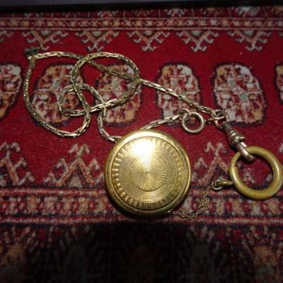 Vintage Pocket Watch Retractable Chain Guilloche Gold Tone