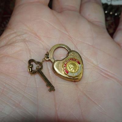Gold Filled, Gold Tone Jewelry Lot, Key & Heart Fraternal Locket, Heart Bracelet, 14K GF Gold Flake Earrings, Gold Done Heart Necklace