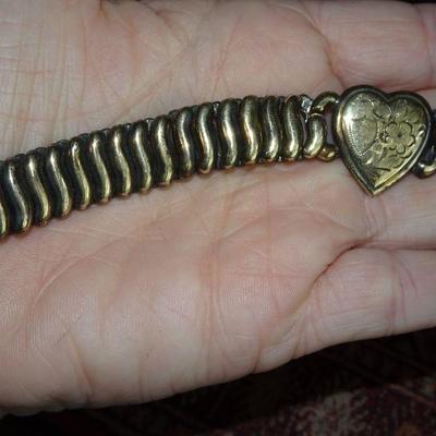 Gold Filled, Gold Tone Jewelry Lot, Key & Heart Fraternal Locket, Heart Bracelet, 14K GF Gold Flake Earrings, Gold Done Heart Necklace