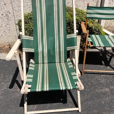 Set of 3 Vintage Wood Pool Patio Deck Camping Chairs green stripe fabric