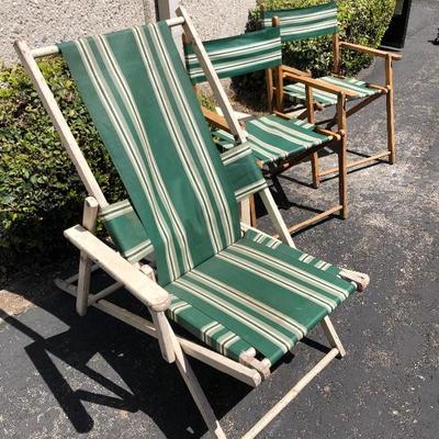 Set of 3 Vintage Wood Pool Patio Deck Camping Chairs green stripe fabric